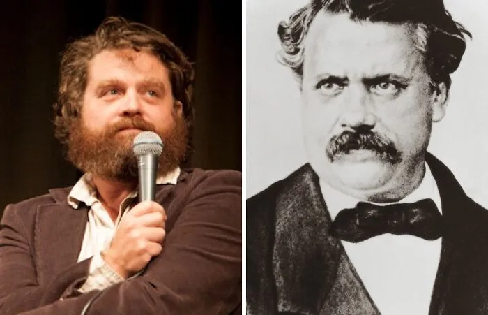 Bearded man holding a microphone next to a black and white vintage photo, showcasing celebrity lookalikes from the past.