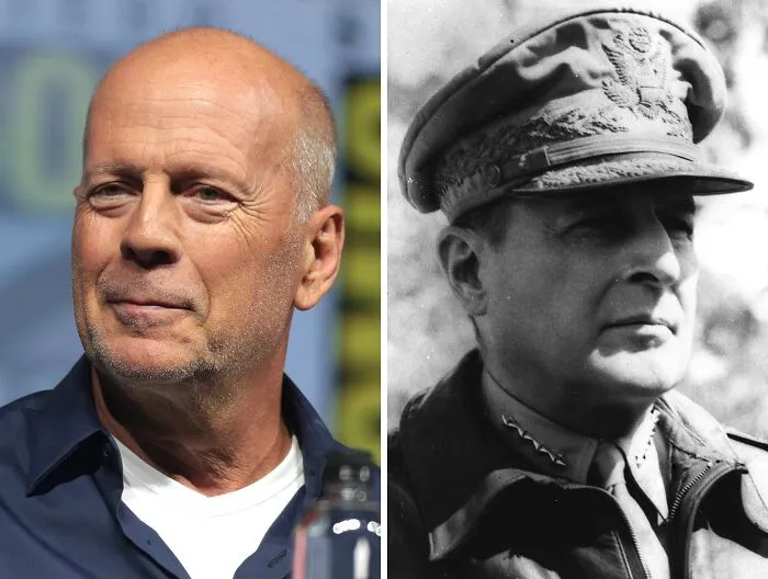 Actor Bruce Willis on left and historical military figure in uniform on right, showcasing celebrity lookalikes from the past.