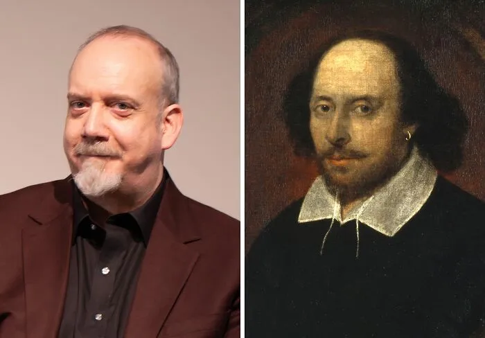 Side-by-side comparison of a modern man and historical portrait showing celebrities and lookalikes from the past.