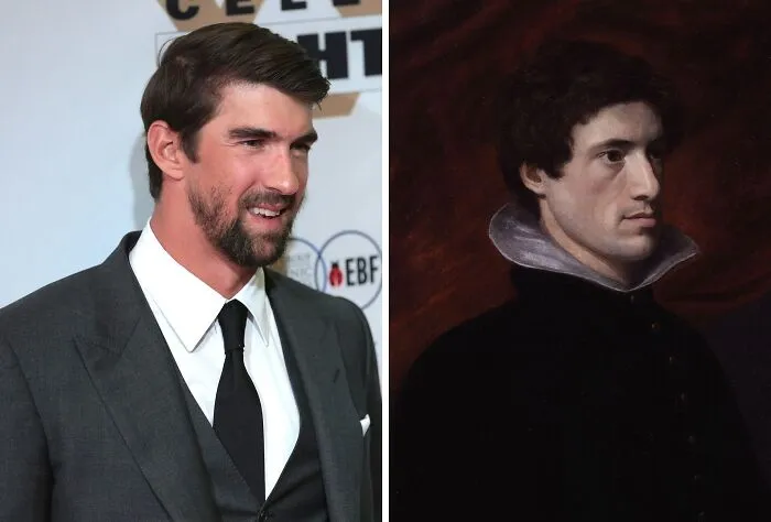 Side-by-side image of a modern celebrity and historical portrait showcasing celebrity lookalikes from the past.
