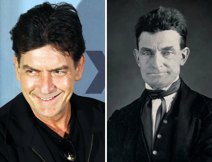 Side-by-side image of a modern celebrity and a historical figure showcasing celebrity lookalikes from the past trending online.