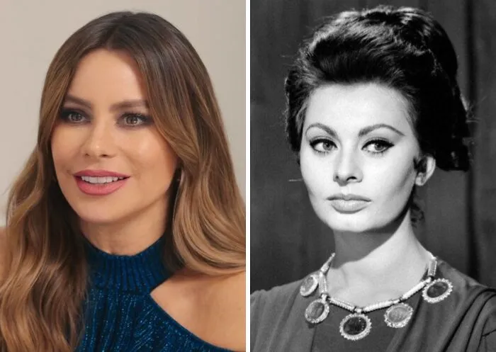 Side-by-side photos of a modern celebrity and her historical lookalike showcasing celebrity lookalikes from the past.