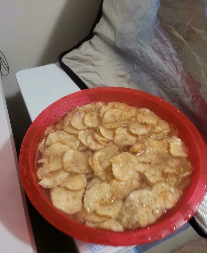 Bowl of soggy chips soaked in liquid, an example of one of the dishes that are just stupid and unappetizing.
