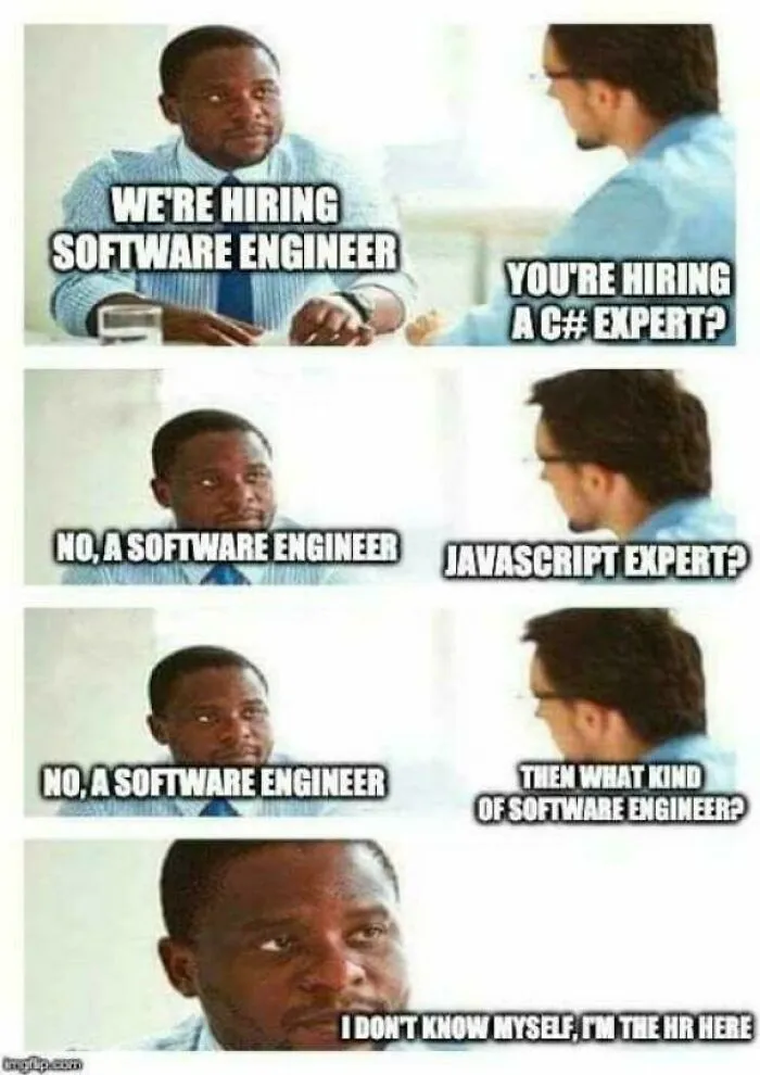 Two men humorously discussing hiring with programming memes highlighting the universal struggle of debugging.