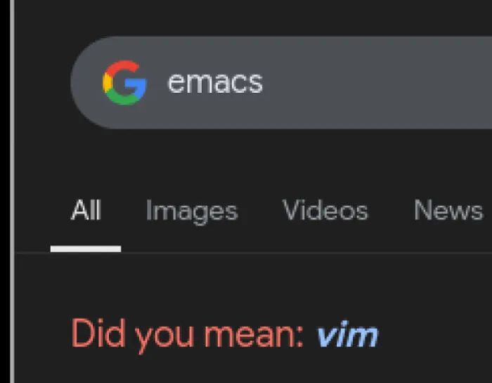 Google search showing a suggestion from emacs to vim, highlighting a funny programming meme about debugging struggles.