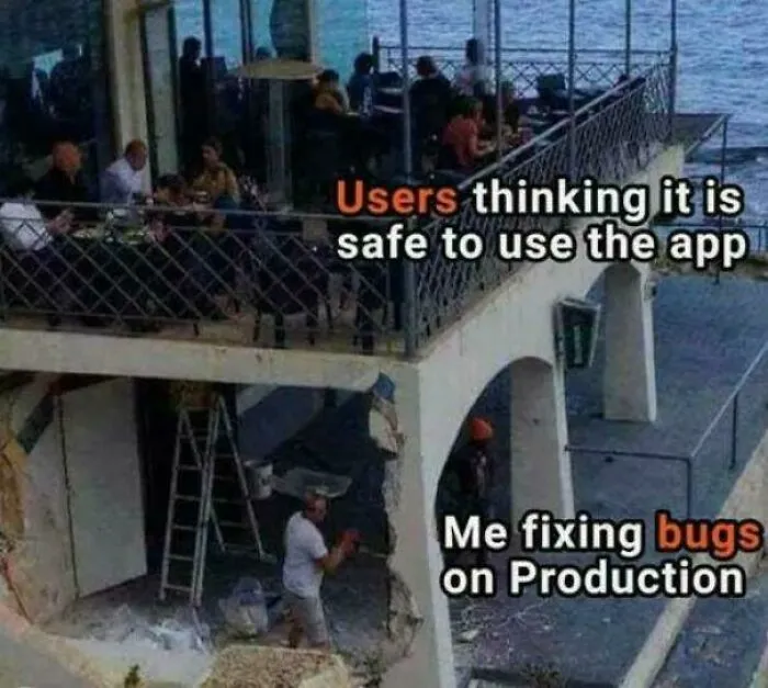 People sitting safely on upper balcony while man repairs broken lower level below, illustrating programming bugs and debugging struggle.