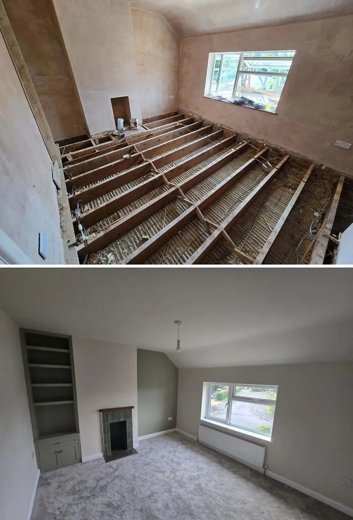 Before and after images of a DIY home renovation project showcasing paint and patience transforming a room.