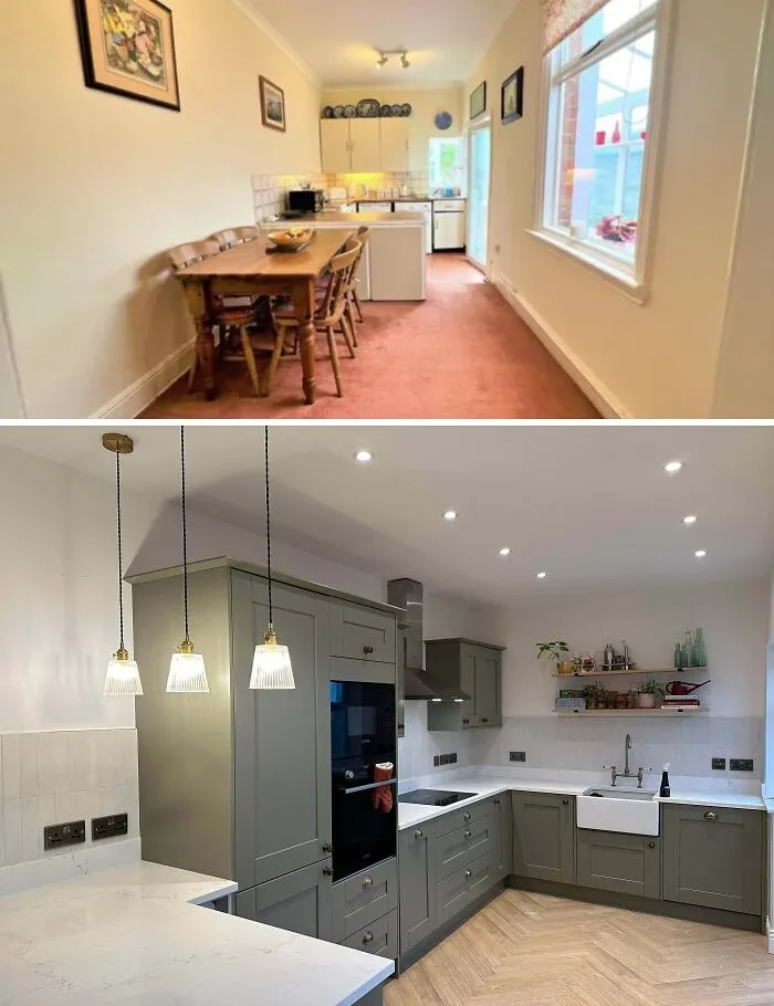 Before and after photos of a kitchen showcasing impressive DIY projects using paint and patience for a modern update.