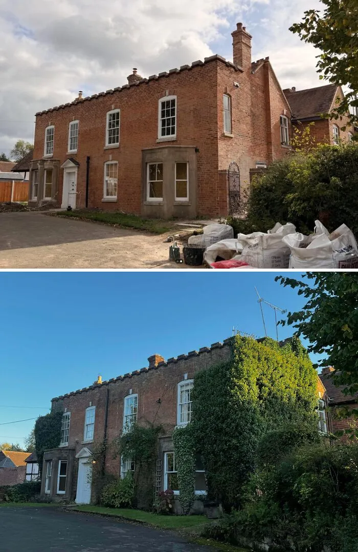 Before and after photos of a DIY house project showcasing transformation with paint and patience outdoors.