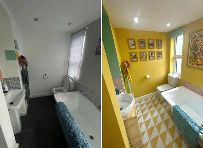 Before and after images of a bathroom transformed by DIY projects using paint and creative design ideas.