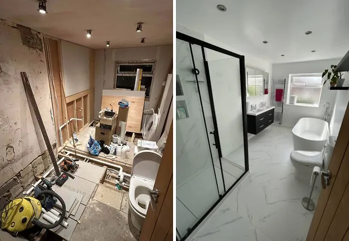 Before and after photos of a bathroom renovation showcasing incredible DIY projects using paint and patience.