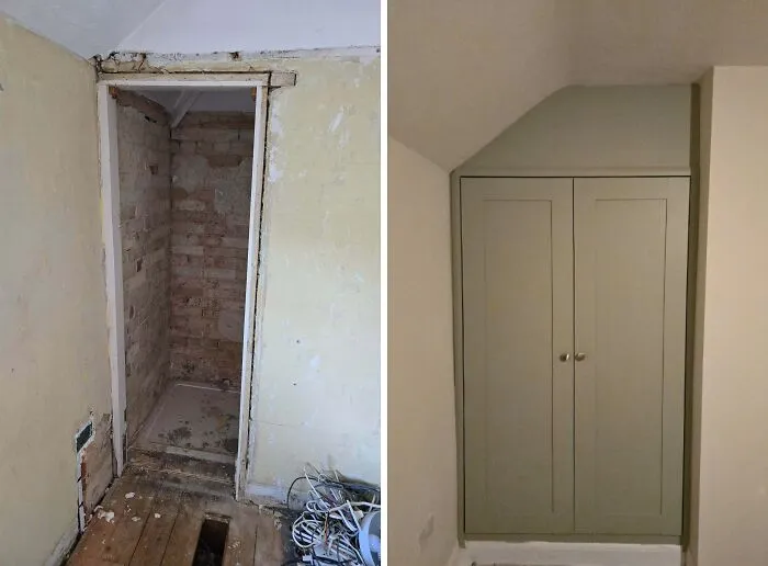 Before and after photos of a DIY closet project showing transformation with paint and patience in home improvement.