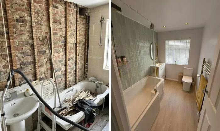 Before and after images of a DIY bathroom renovation showing transformation with paint and patience.