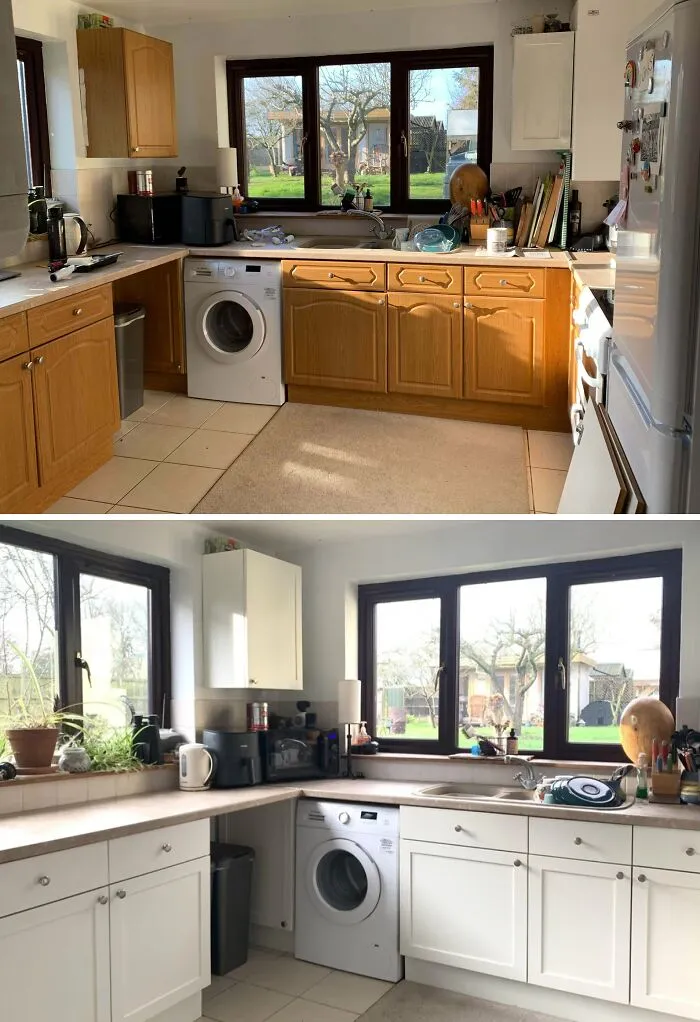 Kitchen makeover DIY project showing transformation from wood cabinets to painted white cabinets with patience and a bit of paint