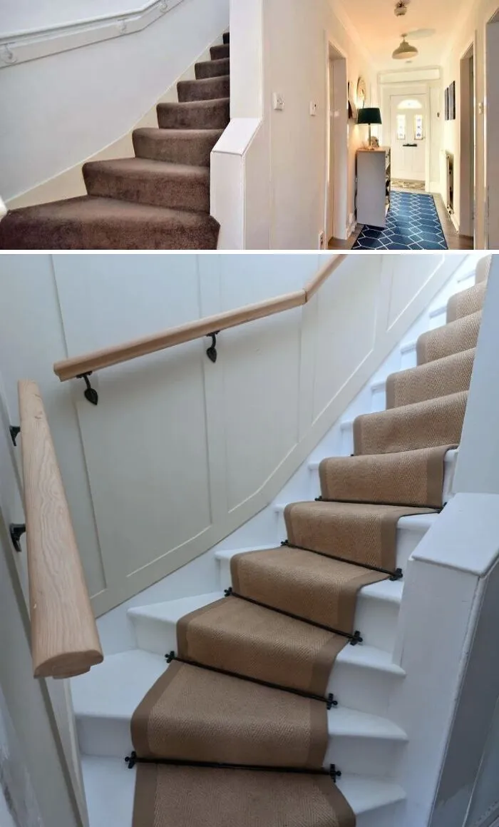Before and after photos of a DIY stair makeover using paint and a new runner for a fresh, stylish home improvement project.