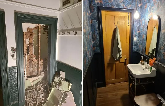 Before and after images of a DIY project showing bathroom renovation with paint, wallpaper, and new fixtures.