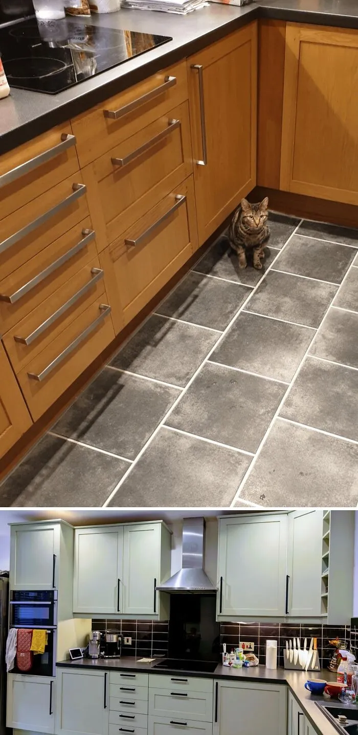 Two kitchens showcasing DIY projects with painted cabinets and renovated flooring reflecting paint and patience efforts.