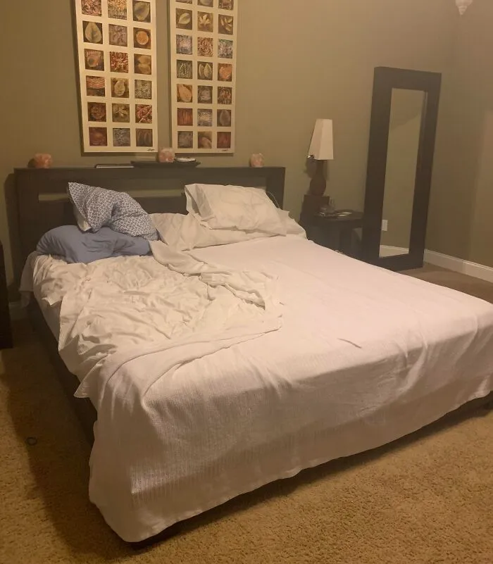Mezquindad Nivel 100.000... Mi marido estaba enojado esta mañana, así que decidió que solo haría su mitad de la cama.