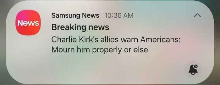 Notification on a Samsung device showing breaking news from Samsung News at 10:36 AM about a serious political warning.