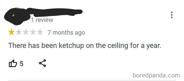 Screenshot of a funny 1-star review pointing out ketchup on the ceiling, illustrating ridiculous reviews from customers.