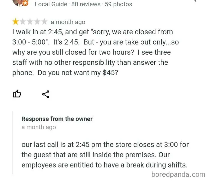 Funny and ridiculous 1-star review complaining about store hours and staff break times with owner response included.