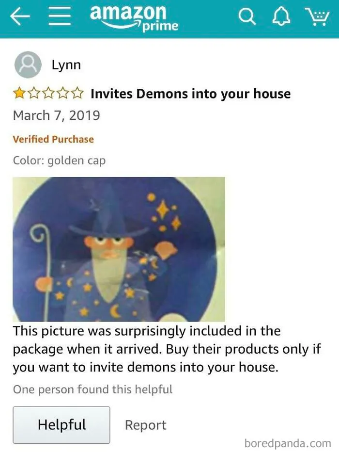 Amazon 1-star review humorously warning about inviting demons with a wizard image, showcasing funny and ridiculous reviews.