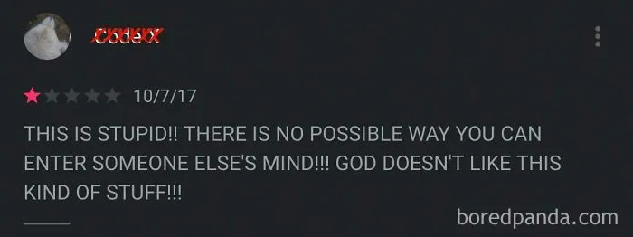 Screenshot of a funny and ridiculous 1-star review complaining about entering someone else’s mind, part of funny reviews collection.
