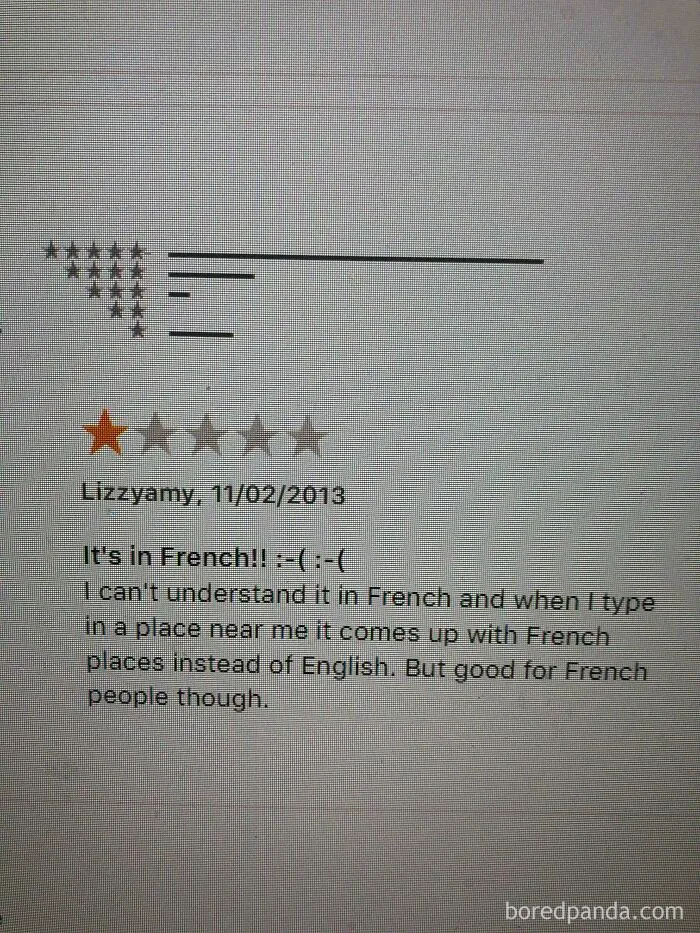 Screenshot of a funny one-star review complaining about content being in French instead of English in ridiculous 1-star reviews.