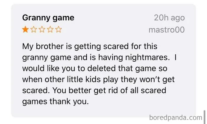 Funny and ridiculous 1-star review complaining about a scary granny game causing nightmares for kids.