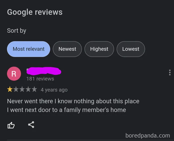 A funny and ridiculous 1-star Google review claiming the reviewer never visited the business but rated it anyway.