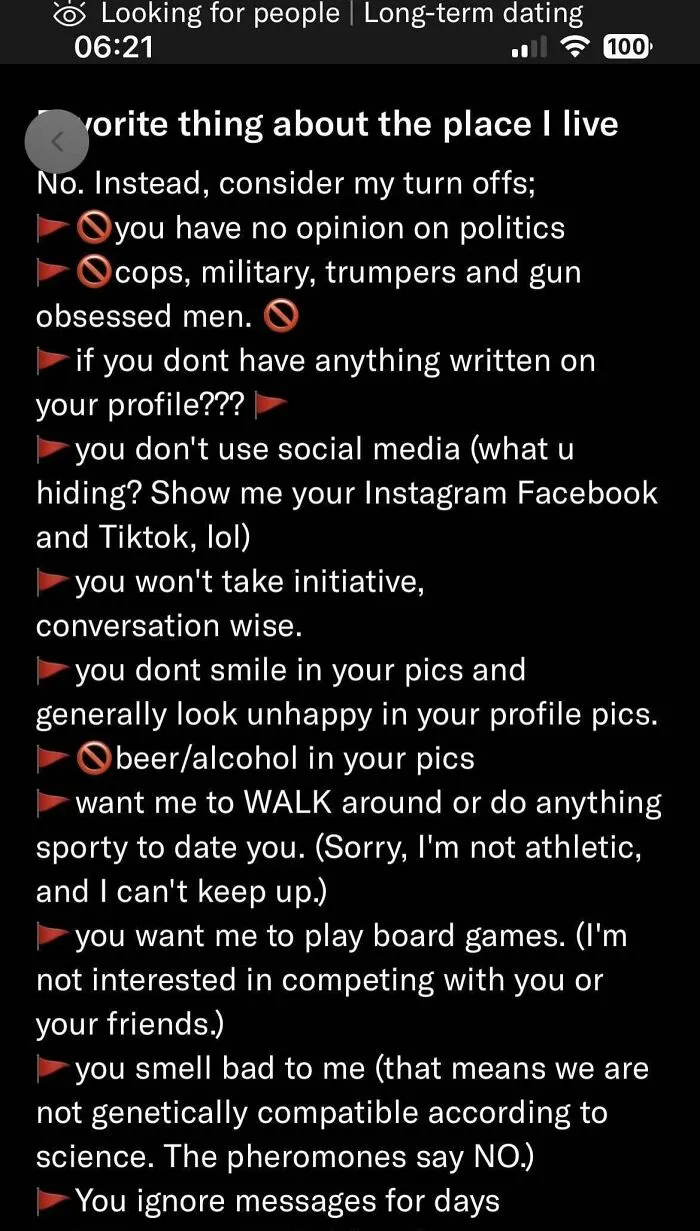 Screenshot of a social media profile listing turn offs, related to women called out online for delusional behavior.