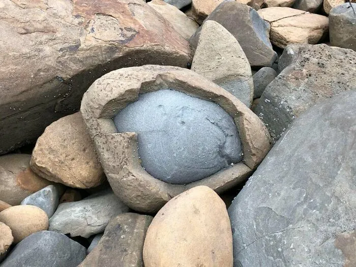 Close-up of an interesting picture showing the insides of a geode rock with a crystallized interior among other stones.