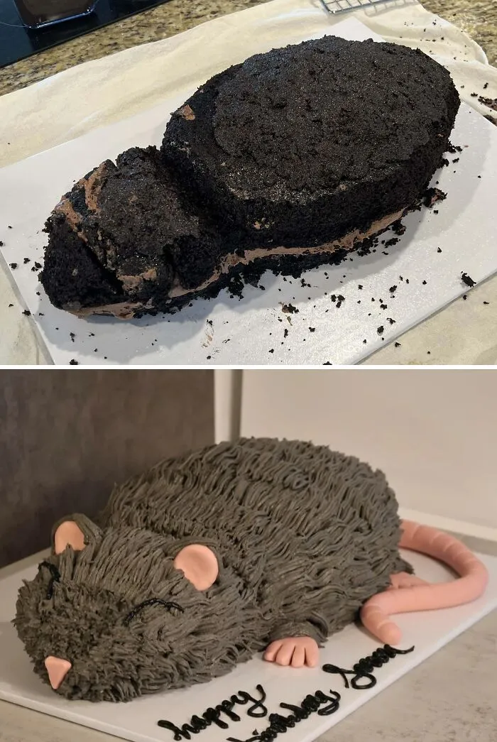 Two images showing the process of creating a baked goods cake shaped and decorated like a realistic gray rat.