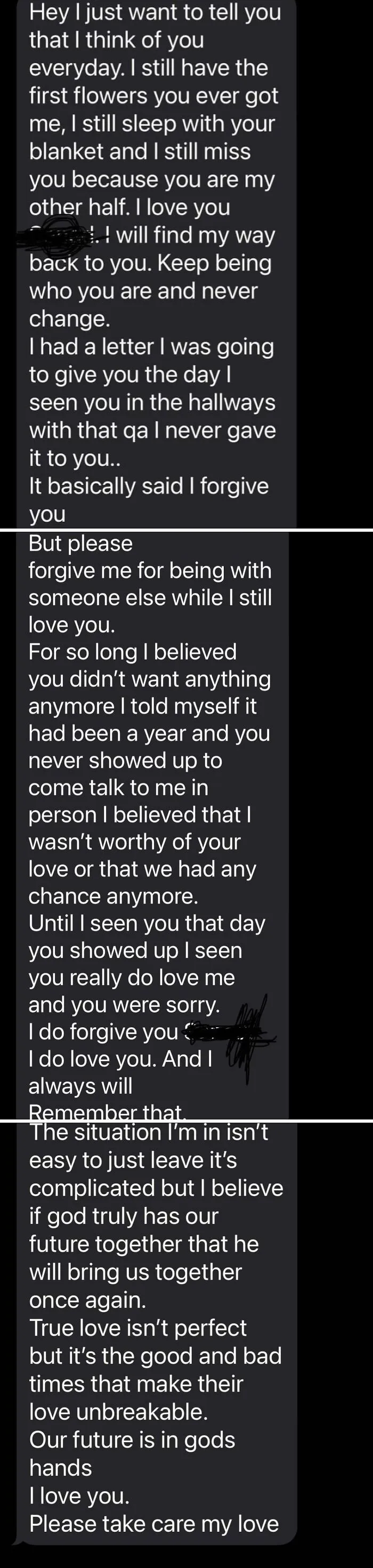 Screenshot of a lengthy emotional message showcasing delusional and crazy behavior from a woman called out online.