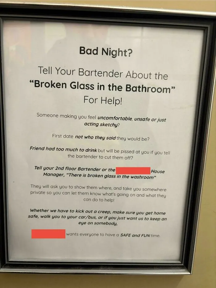 Poster At My Local Bar In The Women’s Bathroom, Which Shares The Secret Phrase For Communicating Problems To The Bar Staff