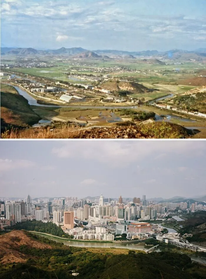 Before and after cityscape photos showing dramatic glow-ups of a famous city with urban development over time.