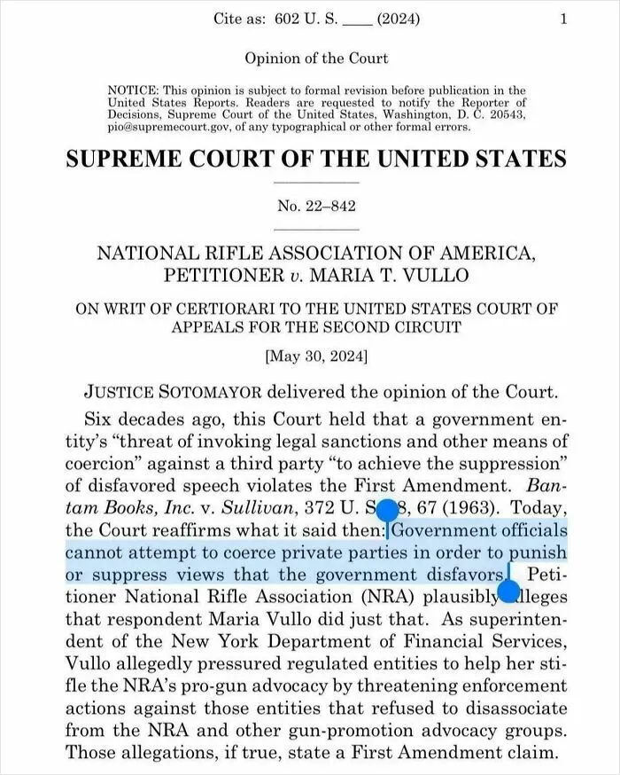 Supreme Court opinion page showing legal text with highlighted section on government officials' coercion and suppression of views.