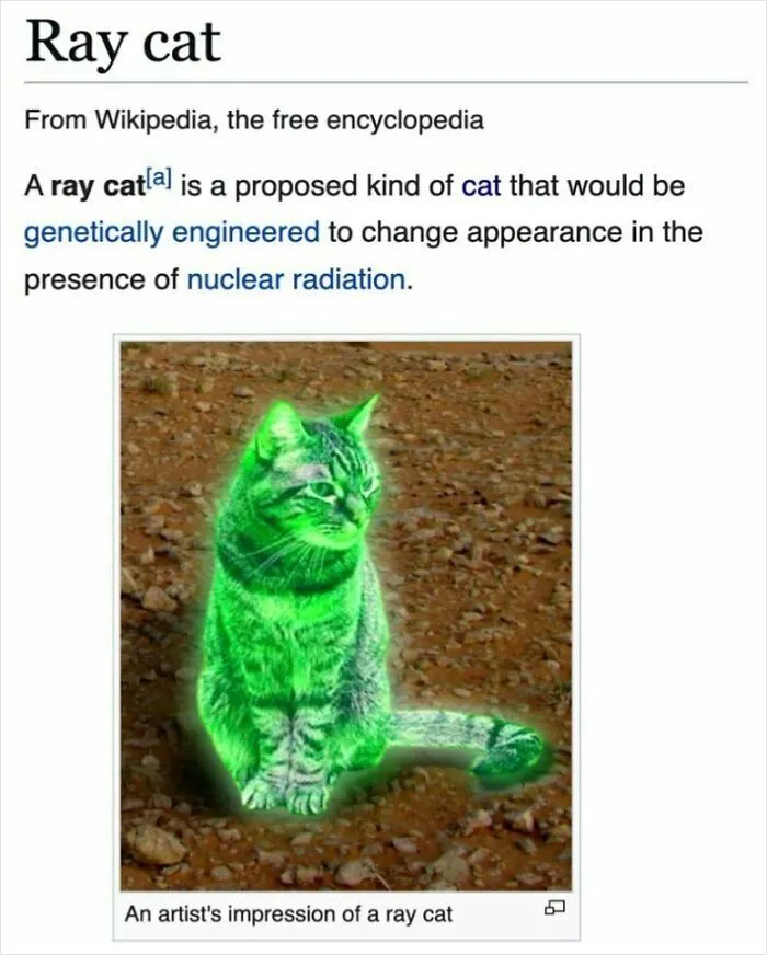 Screenshot of a humorous Wikipedia page showing a genetically engineered glowing ray cat under nuclear radiation.