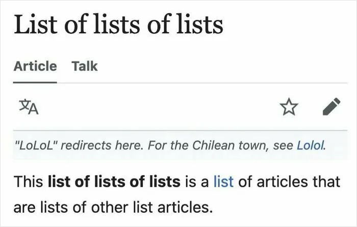Screenshot of a humorous Wikipedia page titled list of lists of lists showing a playful redirect for LoLoL.