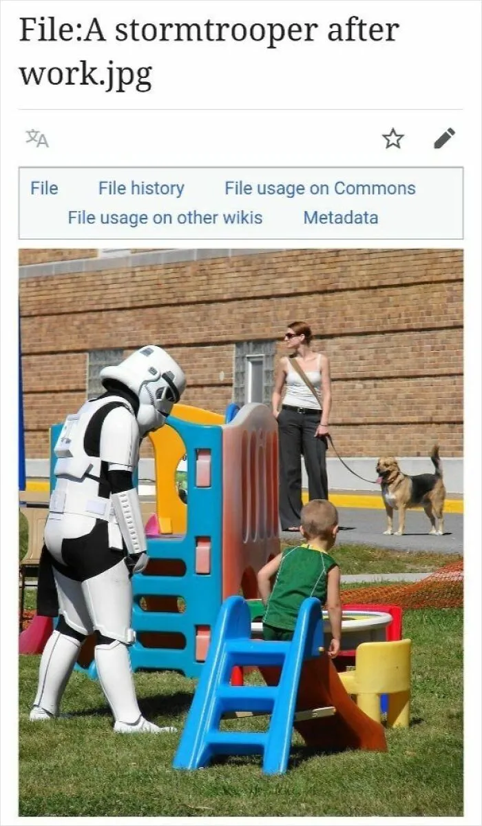 Stormtrooper in costume playing near a playground with a child, a woman, and a dog in the background outdoors.