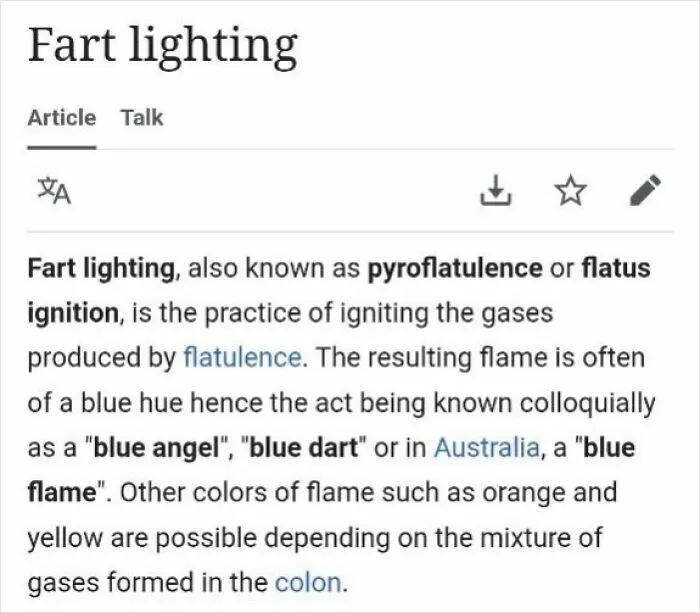 Wikipedia page excerpt explaining fart lighting, also called pyroflatulence, igniting gases to produce blue or colored flames.