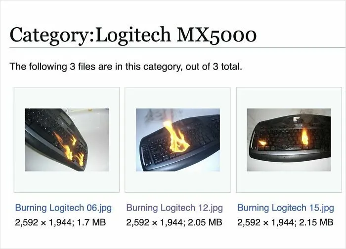 Alt text: Images of a Logitech MX5000 keyboard on fire, illustrating funny Wikipedia page moments shared online.
