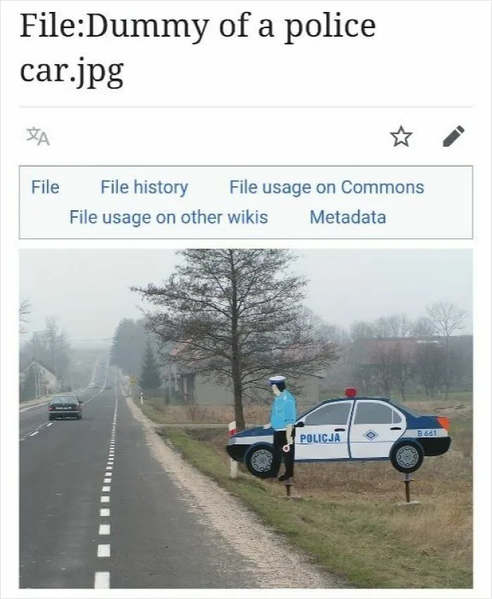 Funny Wikipedia page image showing a dummy police car roadside display from a humorous Wikipedia file.