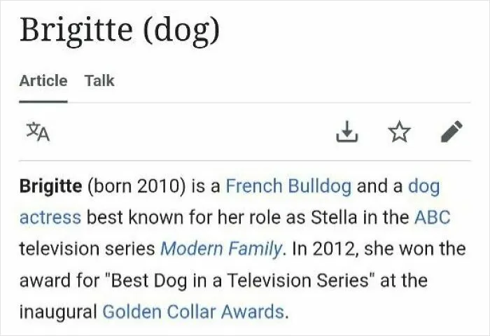 Wikipedia page showing Brigitte the French Bulldog, a dog actress known for Modern Family, shared in the funniest Wikipedia moments online.