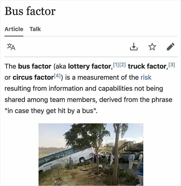 Screenshot of a Wikipedia page defining bus factor as a risk measurement causing laughs online in shared content about cracked pages.