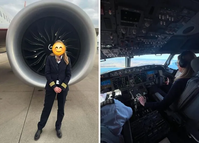 Pilot standing confidently in uniform by airplane engine and flying a plane, showcasing dreams turned into reality.