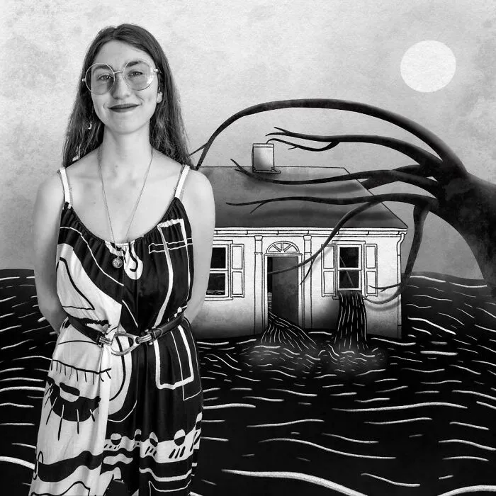 Young woman smiling in front of an artistic mural, showcasing creative dreams turned into reality and inspiring others.