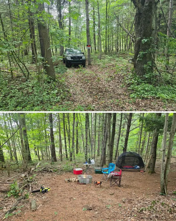 Off-grid camping setup in the woods with a tent, chairs, fire pit, and gear, showcasing dream turned reality inspiration.