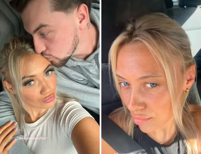 Pareja mostrando fotos de antes y después de mudarse a Australia demostrando el efecto australiano real y visible.