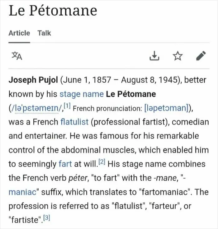 Wikipedia page about Le Pétomane, a French flatulist and entertainer, featured in funny Wikipedia pages shared online.